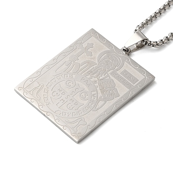 Non-Tarnish Rectangle 304 Stainless Steel Box Chain Saint Benedict Medal Pendant Necklaces for Women and Men, Stainless Steel Color, 23.23 inch(59cm)