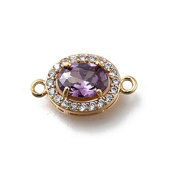 Brass Purple Cubic Zirconia Oval Connector Charms, Real 18K Gold Plated, 15x8.5x5mm, Hole: 1.2mm