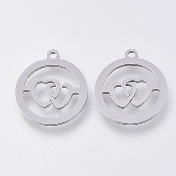 201 Stainless Steel Pendants, Laser Cut Pendants, Flat Round with Heart, Stainless Steel Color, 17.5x15.5x1mm, Hole: 1.4mm