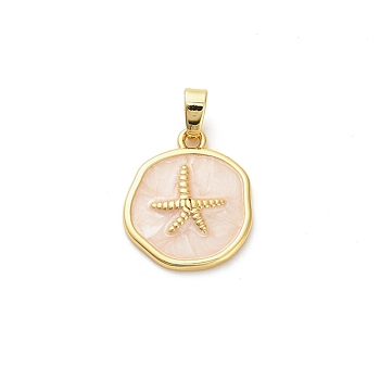 Brass Enamel Pendants, Flat Round with Starfish Charm, Real 18K Gold Plated, Linen, 17.5x15x2.5mm, Hole: 5x2.5mm