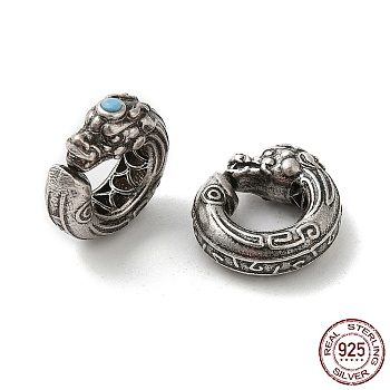 925 Sterling Silver Beads, Flat Round with Dragon, Antique Silver, 9.5x3.5mm, Inner Diameter: 5mm