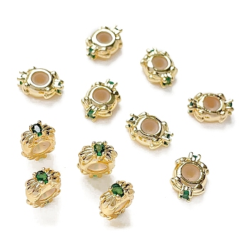 Brass Micro Pave Green Cubic Zirconia Beads, Long-Lasting Plated, Real 18K Gold Plated, 10x7.5x4mm, Hole: 1.4mm