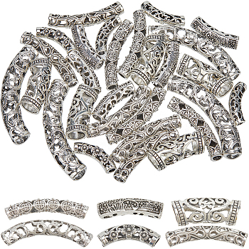 36Pcs 6 Styles Tibetan Style Alloy Hollow Tube Beads, Mixed Shapes, 9~35x6~48.5x5.5~10mm, Hole: 3~7mm, 6pcs/style