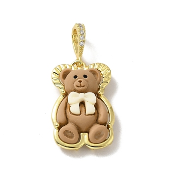 Opaque Resin Pendants, Large Hole Pendant, with Real 18K Gold Plated Brass Findings & Clear Cubic Zirconia, Cadmium Free & Lead Free, Bear with Light Yellow Bowknot, Camel, 28x17.5x8mm, Hole: 4.5x7mm