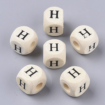 Printed Natural Wood Beads, Horizontal Hole, Cube with Initial Letter, PapayaWhip, Letter.H, 10x10x10mm, Hole: 3.5mm, about 1000pcs/500g