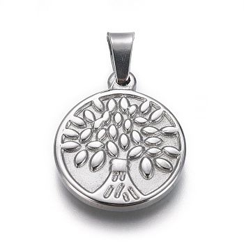 304 Stainless Steel Flat Round with Tree Pendants, Stainless Steel Color, 22x18x3mm, Hole: 6mm