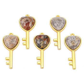 Natural Crazy Agate Pendants, with Light Gold Plated Brass Findings, Key with Heart Charm, 38x17x6.5~7mm, Hole: 1.8mm