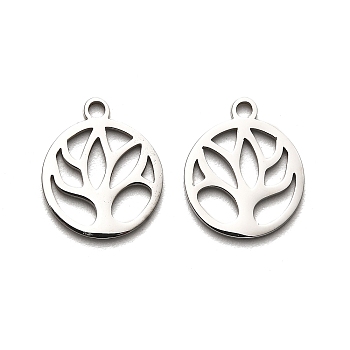 316 Surgical Stainless Steel Pendants, Laser Cut, Flat Round with Flower Charm, Stainless Steel Color, 15x12.5x1mm, Hole: 1.6mm