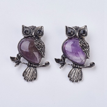 Gemstone Pendant, with Alloy Findings and Rhinestone, Owl, 50x35x7.5~9mm, Hole: 5x8mm