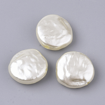 ABS Plastic Imitation Pearl Beads, Flat Round, Beige, 14.5x14.5x5.5mm, Hole: 1.6mm