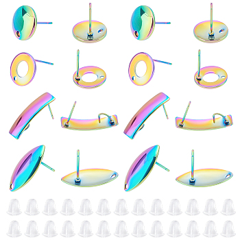 Unicraftale 40Pcs 4 Style Rainbow Color 304 Stainless Steel Stud Earring Findings, with 100Pcs Plastic Ear Nuts, Rectangle & Flat Round & Ring & Horse Eye, 10~21x6~10.5mm, Hole: 1~4mm, Pin: 0.7mm, 10Pcs/styel