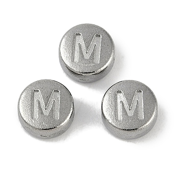 Anti-Tarnish 304 Stainless Steel Beads, Flat Round with Letter, Stainless Steel Color, Letter M, 7x3.8mm, Hole: 1.8mm