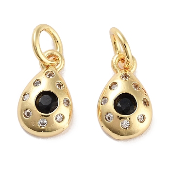 Brass Micro Pave Cubic Zirconia Charms, with Jump Ring, Teardrop, Real 18K Gold Plated, Black, 10.5x6x2.5mm, Hole: 3mm