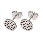 304 Stainless Steel Stud Earring Findings, Flat Round with Honeycomb, Stainless Steel Color, 12x8mm, Pin: 0.7mm(STAS-P434-06B-P)