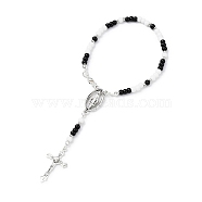 Alloy Cross Charm Bracelet, Glass Rosary Beaded Style Bracelet, Black, 10-5/8 inch(27cm)(BJEW-TA00425)