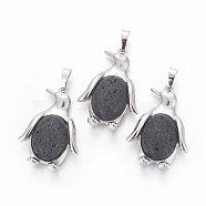 Natural Lava Rock Pendants, with Brass Findings, Penguin, Platinum, 34~35x24~25x5~8mm, Hole: 8x5mm(G-L512-A17)