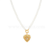 Stainless Steel Heart Pendant Necklace with Plastic Pearl Beaded Chains, Golden, 16.93 inch(43cm)(JS3937)