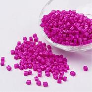 Cube Opaque Colours Glass Seed Beads, Round Hole, Hot Pink, 3~7x3~4x3~4mm, Hole: 0.5mm, about 4500pcs/bag, 440~450g/bag(SEED-R026-A06)
