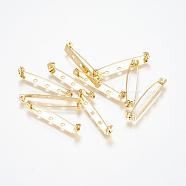 Grade AAA Brass Brooch Findings, Back Bar Pins, with Three Holes, Cadmium Free & Nickel Free & Lead Free, Real 18K Gold Plated, 40x5x7mm, Hole: 2mm, Pin: 1mm(KK-O093-24-NR)