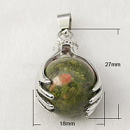 Gemstone Pendants, with Brass Findings and Natural Unakite, Round, Platinum, Olive Drab, 27x18mm, Hole: 4x6mm(G-G074-03)