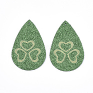 PU Leather Big Pendants, with Glitter Powder, teardrop, with Shamrock Pattern, Irish Charms, Green, 56x37x1.5mm, Hole: 1.2mm(X-FIND-S311-006B)