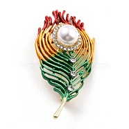 Feather Alloy Brooch with Resin Pearl, Exquisite Rhinestone Lapel Pin for Girl Women, Golden, Colorful, 57x29.5x12mm, Pin: 0.8mm(JEWB-O009-10)