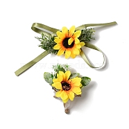 2Pcs 2 Style Sunflower Flower Silk Wrist and Flower Silk Brooch Sets, for Wedding, Party Decorations, Gold, Brooch: 114x87x35mm, Pin: 0.7mm, Wrist: 750x10mm, 2style, 2pcs(AJEW-CP0004-60)