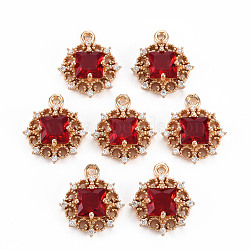 Rack Plating Brass Micro Pave Clear Cubic Zirconia Pendants, with Faceted Glass, Long-Lasting Plated, Cadmium Free & Lead Free, Flat Round, Red, 16.5x14x5mm, Hole: 1.2mm(KK-T060-61B-RS)