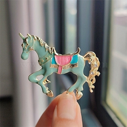 Horse Enamel Pins, Golden Alloy Brooches, Medium Aquamarine, 50x52mm(PW-WG42673-03)