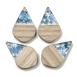 Wooden Pendants, Resin and Gold Foil, Teardrop, Deep Sky Blue, 28x18x4mm, Hole: 2mm(FIND-B042-12B)