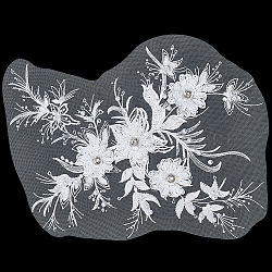 Polyester Embroidery Sew on 3D Flower Appliques, with Plastic Rhinestone, Sewing Craft Decoration for Wedding Dress, Cheongsam, White, 400x345x0.1~7mm(DIY-WH0304-717)