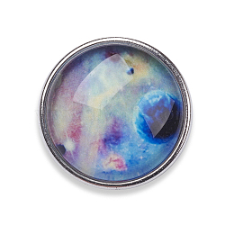 Brass Buttons, Jewelry Snap Buttons, with Luminous Glass Cabochon, Starry Sky Pattern, Flat Round, Platinum, Colorful, 18x10mm, Knob: 5.5mm(GLAA-E396-C06)