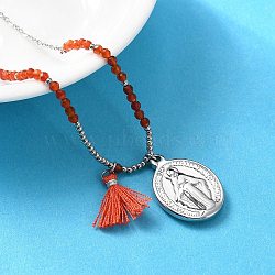 304 Stainless Steel Oval Virgin Mary Pendant Necklaces, Natural Carnelian Beaded Necklaces for Women, Stainless Steel Color, 16.81 inch(42.7cm)(NJEW-A045-24P)