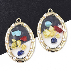 Epoxy Resin Pendants, with ABS Plastic Imitation Pearl, Gemstone Chip, Glass and Light Gold Plated Alloy Open Back Bezel, Oval, Clear, 39x25.5x3.5mm, Hole: 1.8mm(RESI-T045-007)