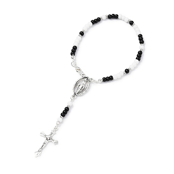 Alloy Cross Charm Bracelet, Glass Rosary Beaded Style Bracelet, Black, 10-5/8 inch(27cm)
