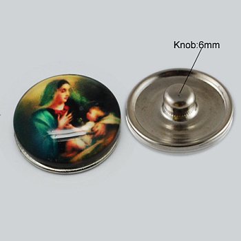 Brass Jewelry Snap Buttons, with Glass Cabochons, Flat Round, Platinum, for Holy, Teal, 18x8~10mm, Knob: 5~5.5mm