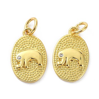 Brass Rhinestone Pendants, with Jump Ring, Long-Lasting Plated, Textured, Oval with Elephant, Crystal, Real 18K Gold Plated, 16x10x2mm, Hole: 3mm