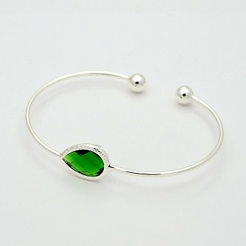 Silver Color Plated Brass Glass Cuff Bangles, Torque Bangles, Green, 40x57mm