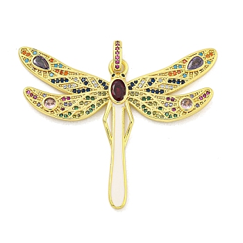 Brass Micro Pave Clear Cubic Zirconia Pendants, Real 18K Gold Plated, Dragonfly, Colorful, 42x49.5x2.5mm, Hole: 4.5x2.5mm