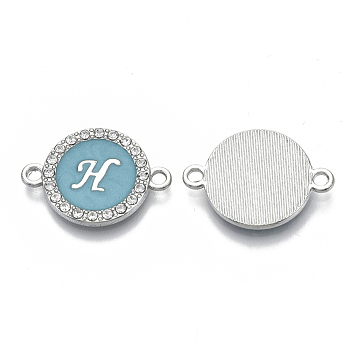 Alloy Enamel Links Connectors, with Crystal Rhinestones, Flat Round with Letter, Silver Color Plated, Letter.H, 22x16x2mm, Hole: 1.8mm