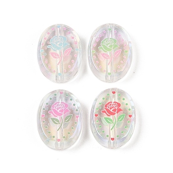 Transparent Acrylic Printed Beads, Oval with Flower, Mixed Color, 24x17.5x7mm, Hole: 2.5mm