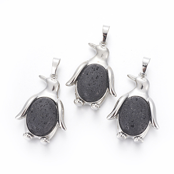 Natural Lava Rock Pendants, with Brass Findings, Penguin, Platinum, 34~35x24~25x5~8mm, Hole: 8x5mm