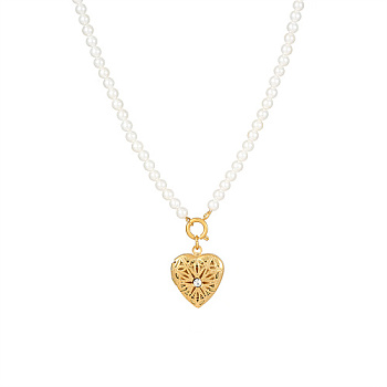 Stainless Steel Heart Pendant Necklace with Plastic Pearl Beaded Chains, Golden, 16.93 inch(43cm)
