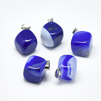 Natural Banded Agate/Striped Agate Pendants, Dyed, with Stainless Steel Snap On Bails, Cube, Stainless Steel Color, Blue, 24~29x19~25x17~25mm, Hole: 3~4x7~8.5mm