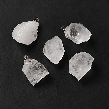 Raw Rough Natural Quartz Crystal Pendants, Rock Crystal Pendants, Nuggets Charms, with Platinum Plated Iron Loops, 21~34.5x15~25.5x10~17mm, Hole: 2mm