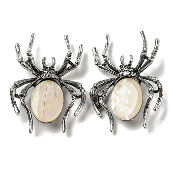 Dual-use Items Alloy Pave Dyed Shell Spider Brooch, with Jet Rhinestone, Antique Silver, PapayaWhip, 57.5~58x41.5~42x12.5mm, Hole: 4x3mm