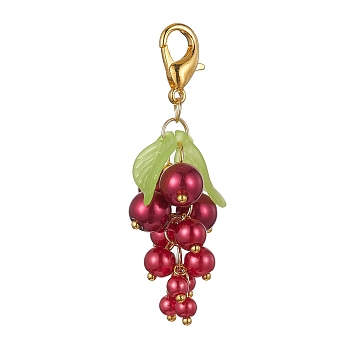 Grape Glass Pendant Decoration, with Acrylic Leaf and Alloy Clasp, FireBrick, 57~60mm