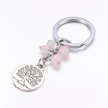 Alloy Keychain, with Rose Quartz Beads, Flat Round with Tree of Life, 89mm