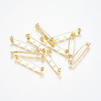Grade AAA Brass Brooch Findings, Back Bar Pins, with Three Holes, Cadmium Free & Nickel Free & Lead Free, Real 18K Gold Plated, 40x5x7mm, Hole: 2mm, Pin: 1mm