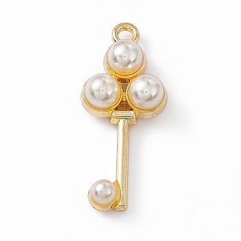 Alloy Pendants, with ABS Imitation Pearl Beads, Key Charm, Light Gold, 28x12x6.5mm, Hole: 1.8mm